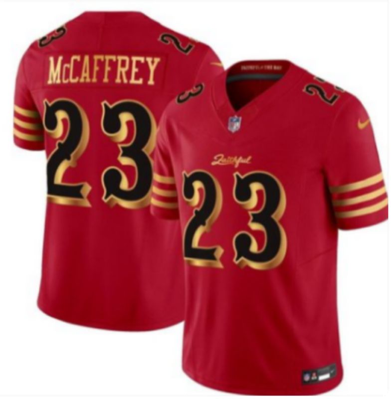 Men 2025 Nike San Francisco 49ers #23 Mccaffrey red gold 5th generation Limited NFL Jersey 002->washington commanders->NFL Jersey